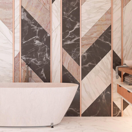 miedziane listwy dekoracyjne w łazience z wanną